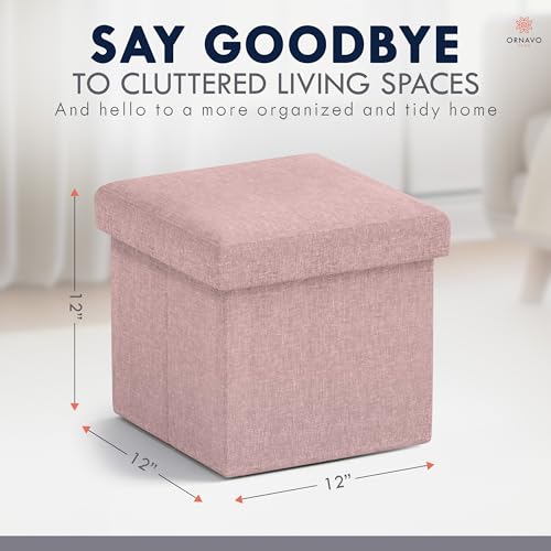 Ornavo Home Small Storage Ottoman Foldable Collapsible Cube Square Linen Ottoman Foot Rest Stool Seat, for Living Room, Bedroom, Home Office, Dorm - 12 x 12 x 12, Pink - color: Pink