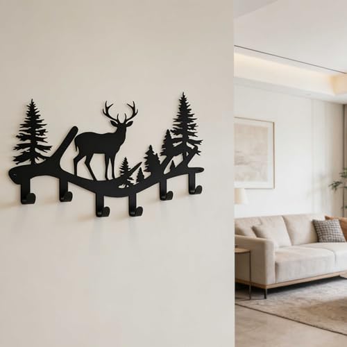 Deer Antler Key Holder Wall Mount – Rustic Key Rack for Wall with Hooks, Laser-Cut Black Deer Decor Key Hanger, Wall-Mounted Key Hook & Storage Hooks for Entryway, Antler Coat Rack - color: Deer Antler