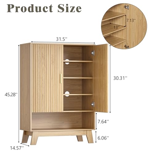 Shoe Cabinet Storage for Entryway, 5 Tier Fluted Shoe Storage Cabinet with Wooden Legs, Narrow Hidden Shoe Organizer with Adjustable Shelves, Freestanding Shoe Rack for Entryway, Hallway, Oak - color: Oak, size: 5 Tier