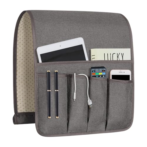 NB Sofa Armrest Organize Remote Holder Bedside Caddy Organizer With 5 Pockets，Non-Slip Couch Remote Control Holder Couch Armchair Caddy Accessories (Dark Grey, 35"X12.4") - color: Dark Grey, size: 35"x12.4"