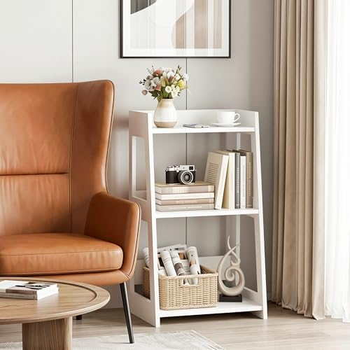 3-Tier Bathroom Ladder Shelf Freestanding, White Floor Shelves Open Shelving Unit, Small Bookshelf Nightstand for Home Study Laundry Room (11.8" D x 15.7" W x 27.6" H) - size: 11.8"D x 15.7"W x 27.6"H