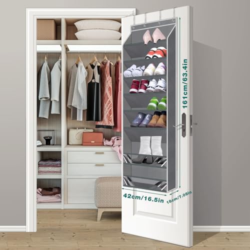Homgaty Over the Door Shoe Rack Organizer fit 16-20 Pairs, Hanging Shoe Organizer Storage Dustproof Over the Door Shoe Organizer with Stable Sticker Pad for Closet Door Hanging Boots Storage