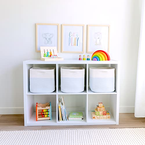 NaturalCozy Storage Cubes 11 Inch Cotton Rope Woven Baskets for Organizing, 3-Pack | Cube Storage Bin | Square Storage Baskets for Shelves Organizer, Classroom, Kids Toy Bins, Closet, Baby Nursery - color: Off White & Mixed Blue