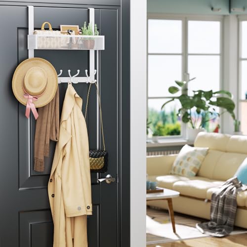 Consumest Over The Door Hooks Organizer - Door Hanger with Mesh Basket & 16 Coat Rack Hooks, Back Storage Organizer for Bedroom, Bathroom, Kitchen, Office, White - color: White-16 Hook 1 Mesh, size: 2 Tier