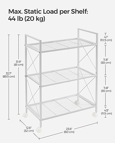 SONGMICS 3-Tier Metal Storage Rack with Wheels, Mesh Shelving Unit with X Side Frames, 23.6-Inch Width, for Entryway, Kitchen, Living Room, Bathroom, Industrial Style, White UBSC163W01 - color: White, size: 23.6"W