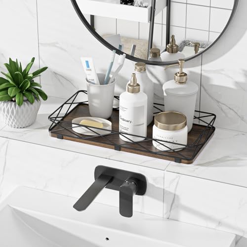 Lixple Toilet Paper Basket Holder, 13" Toilet Tank Tray, Wood and Metal Toilet Tray Vanity Organizer Bathroom Tray, Kitchen Sink Organizer for Soap Dispenser (Brown+Black) - color: Brown+black