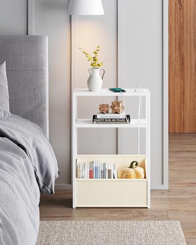 TUTOTAK Narrow Side Table, Small End Table with Charging Station, Nightstand with Fabric Basket, Bedside Table for Small Space, Livingroom, Bedroom White TB01BW095 - color: White
