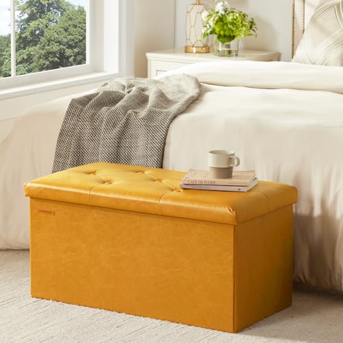 HAUSFRAU - Storage Ottoman Bench, 30 Inches Button Tufted Upholstered Ottoman Footstool with Storage for Living Room Bedroom Entryway, Load 660 lb, Synthetic Leather, Gold Brown - color: Gold Brown, size: 15"D x 30"W x 15"H