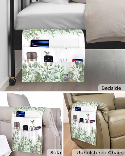 Sofa Armrest Organizer Bedside Caddy, Green Botanical Non Slip Couch Remote Control Holder for Recliner, Watercolor Green Eucalyptus Leaves Birds Arm Chair Caddy with Pocket, 19.7"x35" - size: 19.7x35 in