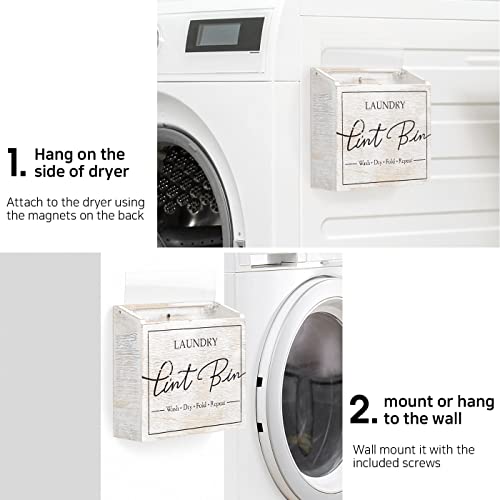 J JACKCUBE DESIGN Magnetic Lint Bin for Laundry Room, Lint Basket Container, Trash Can Box, Organizer, Storage for Washer and Dryer Supplies- White Washed Rustic Wood Wall Mount- MK904A