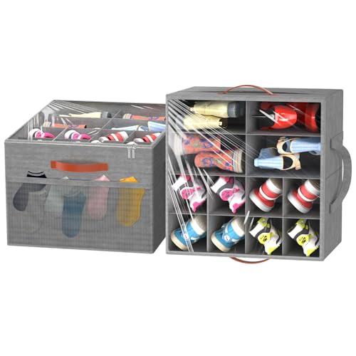 Aokeyee 2 Pack Shoe Organizer for Closet, Foldable Shoe Storage Organizer Box w/Clear Cover and 4 Reinforced Handles, Space Saving Shoes Bin Fits up to 32 Pairs, Grey - color: Grey, size: Fits up to 32 Pairs