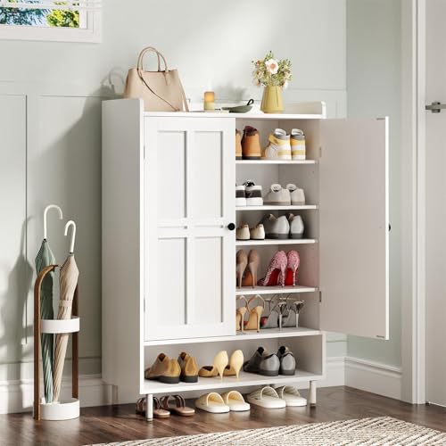 ONBRILL Shoe Storage Cabinet with Cross Molding Doors, 6-Tier Farmhouse Shoe Cabinet with 3 Adjustable Shelves and Metal Legs, 45'' Tall Shoes Rack Organizer Cabinet for Entryway, Front Door, White - color: White