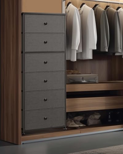 Mifuro Tall Fabric Dresser for Bedroom, Wide Vertical Storage Organizer Tower with 6 Drawers, Chest of Drawers with Bins, Steel Frame, Wood Top for Bedroom, Closet, Entryway Black - color: Grey, size: 6 Large Drawers