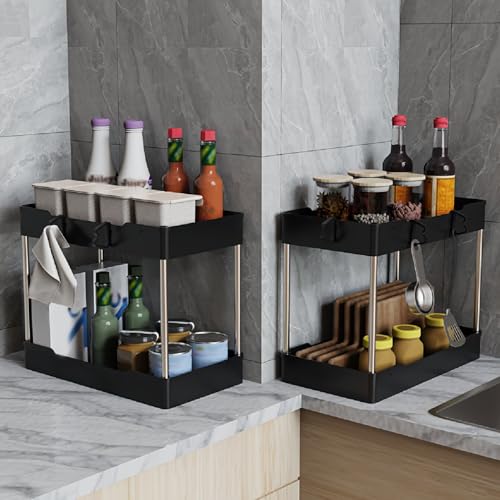 3 Pack Under Sink Organizers and Storage, 2 Tier Bathroom Cabinet Organizer Shelf with Hanging Cups for Kitchen & Bathroom (Black) - color: Black, size: 3 Pack