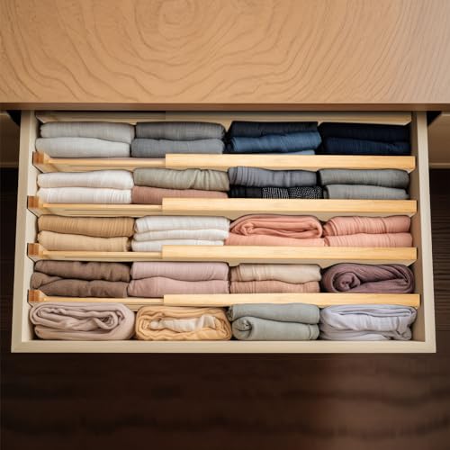 Fabsome Dresser Drawer Organizers 6 Pack, 4.65'' High Adjustable from 17-22‘’ Bamboo Drawer Dividers for Clothing Baby Clothes, Wooden Separators for Dresser Nursery Organization with Soft Foam Ends - size: For 17-22in deep drawers inner size