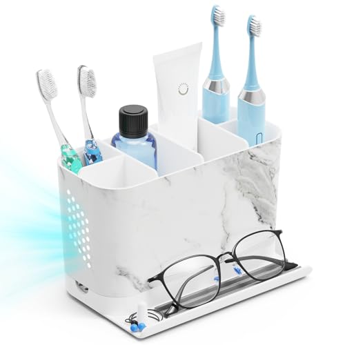 Toothbrush Holders, Toothbrush Caddy with Front Ledge and Cord Slots, Detachable Tooth Brush Holder for Bathroom Countertop, Shower, Vanity, Large Capacity 6 Slots Marble Bathroom Accessories - color: White and Marble