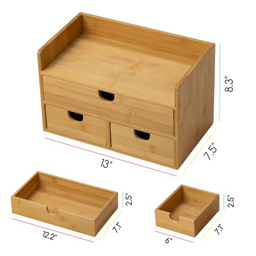 MEEDEN Bamboo Desk Organizer with Drawers: Desktop Storage Container with Shelf - Tabletop Storage Organization Box for Office Home Toiletries Supplies - color: 3 Drawers with shelf