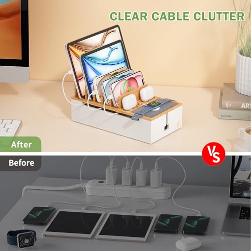 Pezin Hulin Multi Devices Charging Station, with USB Power Adapter HUB, and 6 Wire Cables - Cord Organizer Management, Cell Phone Charger Dock Stand, Desktop Cord Hider Box - Natural +White - color: Natural+White