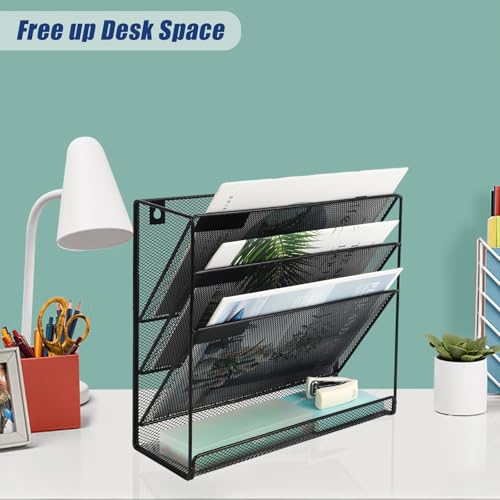 EASEPRES Desk File Organizer Mesh 4-Tier, Hanging Wall Mount Document Organization Stand, Desktop Vertical Mail Paper Folder Holder Rack with Bottom Tray for Office Home Cubicle Countertop, Black - color: Black, size: 4 Tier