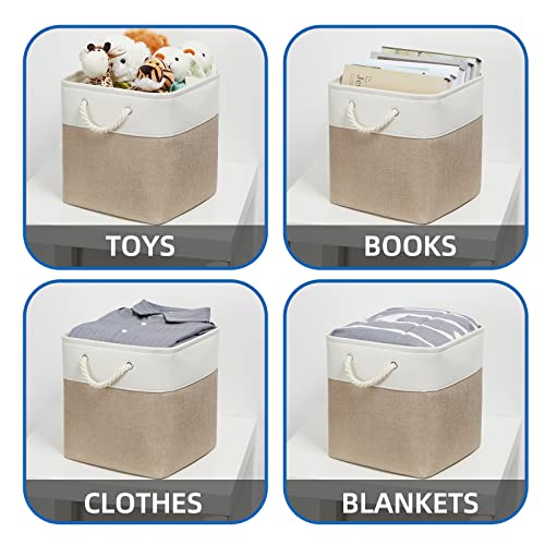 Temary 4 Pack Cube Storage Bins Cloth Baskets for Shelf, Fabric Storage Cubes 12 x 12 Baskets Gift Empty Basket with Handles, Basket for Storage (White&Khaki) - color: white&khaki, size: 12"L x 12"W x 12"H