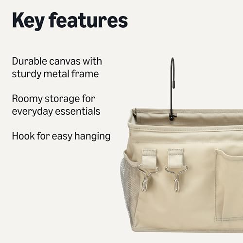 Amazon Basics Bedside Caddy Hanging Storage Organizer for Phone and Bedside Essentials, 4.72 x 14.57 x 7.87 in, Dark Grey Linen