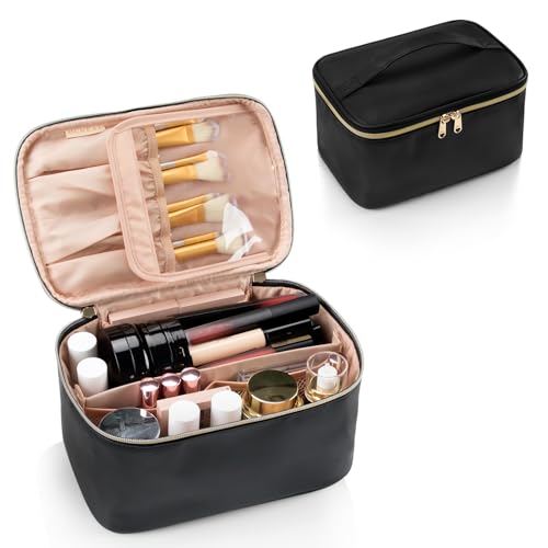 OCHEAL Makeup Bag, Portable Cosmetic Bag, Large Capacity Travel Makeup Case Organizer, Black For Women Toiletry Bag for Girls Traveling With Handle and Divider - color: 001_Black, size: Medium