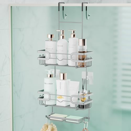 SWTYMIKI Over the Door Shower Caddy Hanging with Double Soap Holder, Hanging Shower Organizer with 16 Hooks, No Drilling Shower Shelves Over Door, Bathroom Rack and Storage, Silver - color: Silver
