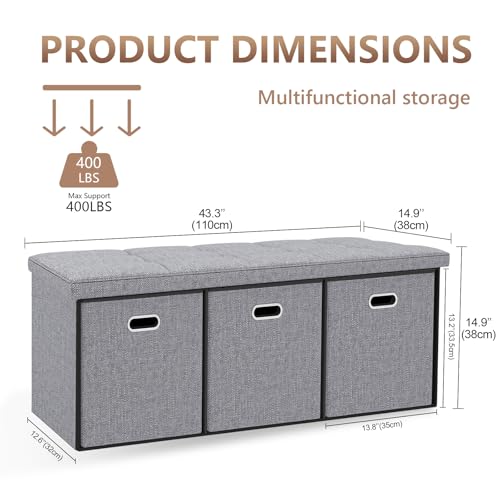 43''W Storage Ottoman Bench with 3 Drawers, Folding Ottoman Foot Rest with Storage, baul para habitacion, Entryway Bench, End of Bed Bench, Grey - size: 14.5"D x 43.3"W x 15"H