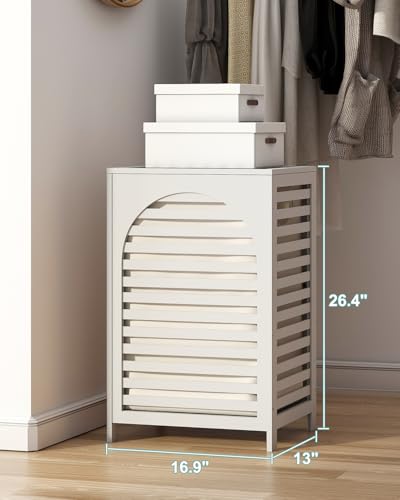 White Laundry Hamper, 22.5 Gallon (85L) Bamboo Wood Clothes Laundry Basket with Lid and Handles, Removable Liner - color: White, size: Large