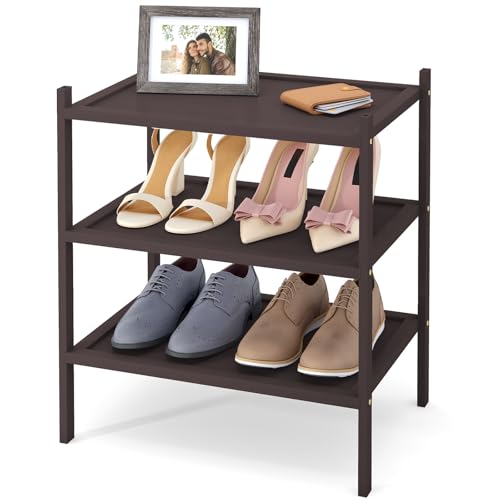 Smiry Bamboo Small Shoe Rack, 3 Tier Shoe Organizer for Entryway & Closet, Stackable Free Standing Storage Shelf for Shoes, Bags & Plants, Brown - color: Brown, size: 3 Tier - Small