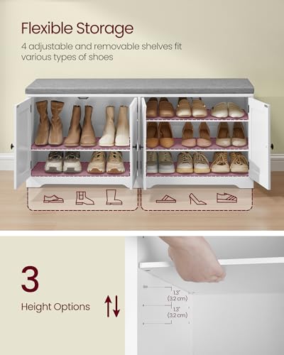 VASAGLE Shoe Storage Bench with Cushion, 3-Tier Entryway Bench with Padded Seat, Doors, Adjustable Shelves, 14 x 47.6 x 20.7 Inches, for Hallway, Bedroom, Cloud White and Dove Gray ULSB048WB01 - color: Cloud White + Dove Gray, size: 14"D x 47.6"W x 20.7"H