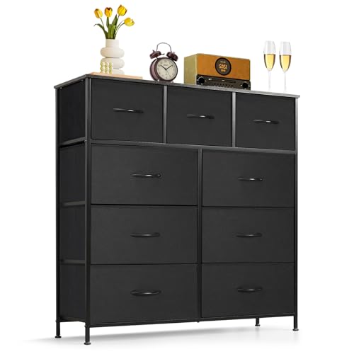 9-Drawer Dresser for Bedroom, Anti-Tip Tall Storage Organizer Chest of Drawers with Wooden Top and Metal Frame Fabric Bins for Closet, Living Room, Hallway, Entryway, Black - color: Black, size: 11.8"D x 39.4"W x 40"H (9 Drawers)