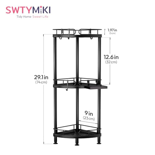 SWTYMIKI Corner Shower Caddy Standing - 3 Tier Rustproof Metal Shower Organizer Stand with Soap Holder and 4 Hooks, Freestanding Floor Shower Storage Stands for Bathroom, Black - color: Black-3 tier