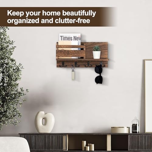 Key and Mail Holder for Wall Decorative - Rustic Mail Organizer Wall Mount, Wooden Letter Sorter Organizer with 4 Key Rack Hooks for Hallway Kitchen Farmhouse Decor (Brown) - color: A - Brown