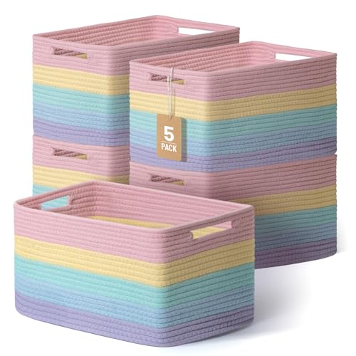 5 Pack Rainbow Woven Storage Baskets for Shelves, Decorative Toy Baskets Organizer for Kids Room, Nursery, Playroom, Classroom – Colorful Cotton Rope Toy Storage Bins for Organizing & Decor - color: Rainbow