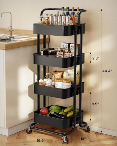 Pipishell 4 Tier Mesh Utility Cart, Rolling Metal Organization Cart with Handle and Lockable Wheels, Multifunctional Storage Shelves for Kitchen Living Room Office White, PIUC12B - color: Black, size: 4-Tier