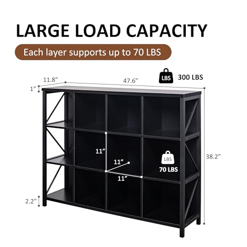 12 Cube Storage Organizer Bookshelf, Industrial Horizontal Bookcase, Accent Cubby Shelf, Media Console Table for Living Room, Home Office, 11.8" D x 47.6" W x 38.2" H, Black - color: Black, size: 12 Cube- 3 Tier