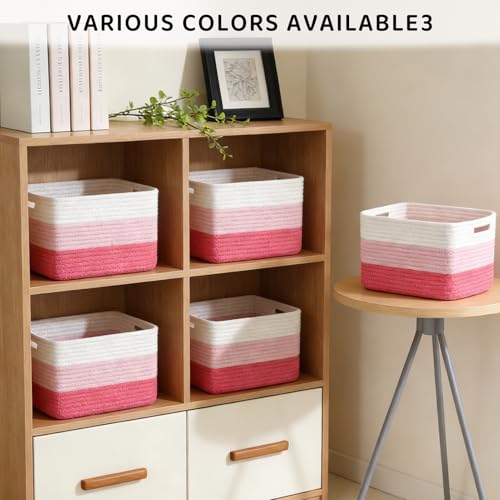 4 Pack Storage Baskets for Organizing, 12''Lx9''Wx8''H Woven Baskets for Storage Toys, Towels, Books, and Clothes, Cotton Rope Basket for Shelves with Handle (White & Pink) - color: White & Pink