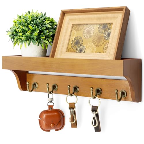 Rebee Vision Decorative Key Holder for Wall with Shelf: Farmhouse Mail Rack with 5 Sturdy Key Hooks for Home Decor, Apartment, Entryway and Hallway (Light Brown) - color: Yellow