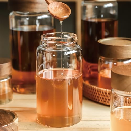 28 fl oz/850 ml Clear Glass Storage Canister with Airtight Wooden Screw Lid, Medium Cute Decorative Glass Container Jar for Coffee,Candy,Salt,Cookie,Condiment,Pepper,Sugar,Overnight Oatmeal