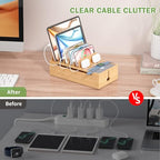 Pezin & Hulin Cell Phone Charging Station for Multi Devices, All in One Desktop Charger Organizer, with Power USB Charge Adapter and 6 Cables, Use As Power Strip Hidden Box -Natural Bamboo Color - color: Natural