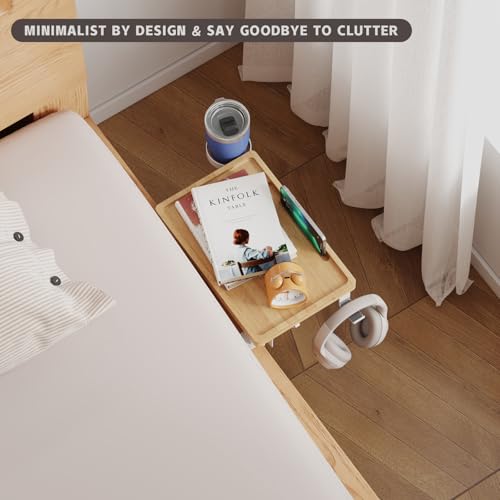 Magheo Bedside Shelf Wood, Foldable Clip-On Bed Shelf for Top Bunk Space Saving Bed Side Table Tray for College Dorm Essentials,Loft Nightstand Organizer Tray with Removable Cup Holder, Hooks, Groove - size: Foldable+cup holder/hooks/groove