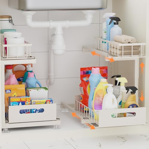 Under Sink Organizer, Heavy Duty Metal Pull Out Cabinet Organizer Slide Out Sink Shelf Organizer Height Adjustable, Multi-Purpose Storage Shelf for Kitchen Bathroom(Sand,2Pack) - color: Sand, size: 2 Pack