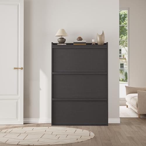 GarveeHome Shoe Cabinet with 3 Flip Drawers, Wooden Shoe Organizer Cabinet with Adjustable Shelf, Shoe Storage for Entryway, Hidden Shoe Cabinet for Hallway, Living Room, Black - color: Black, size: 3-Drawers