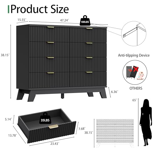Fluted Dresser for Bedroom with 8 Drawers, 48" Wide Modern Chest of Drawers with Metal Handle, Wooden Dresser TV Stand, Wood Closet Clothes Storage Drawer Organizer for Living Room, Hallway, Black - color: Black, size: 15.6"D x 47.2"W x 38.2"H (8 Drawers)