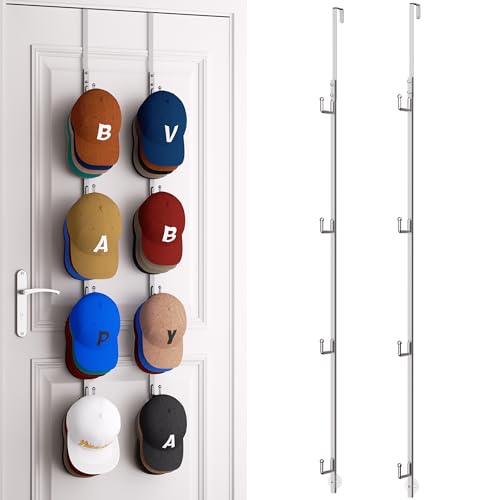 HapiRm Over Door Hat Rack - 2 Packs Hat Organizer with 8 Hooks Design, Hanging Baseball Cap Organizer Storage Holds Up to 40 Caps for Door, Bedroom, Closet (Sliver) - color: Sliver, size: 2 Pack