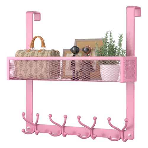 Consumest Over The Door Hooks Organizer - Over Door Hanger with 16 Hooks & 2 Baskets for Hanging Coat, Clothing, Towel, Back Storage for Bathroom, Closet, College Dorm, Pink - color: Pink-16 Hook 2 Basket, size: 2 Tier