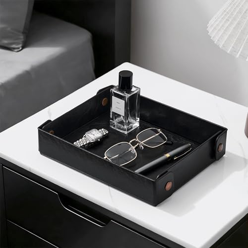 Catch All Valet Tray - EDC Organizer for Key, Wallet, Watch, Jewelry, Phone, coin change | Faux Leather Storage Tray for Dresser, Nightstand, Desk, Entryway, Travel Storage | Black - color: Black
