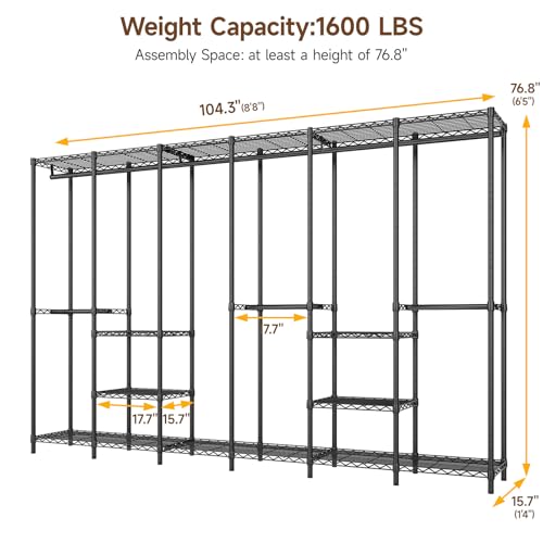 ONBRILL F6 Free Standing Industrial Pipe Clothes Rack, Large Heavy Duty Metal Garment Rack, Closet Organizer Storage System with Adjustable Shelves & Hanging Rods, Portable Wardrobe - Black - color: Black