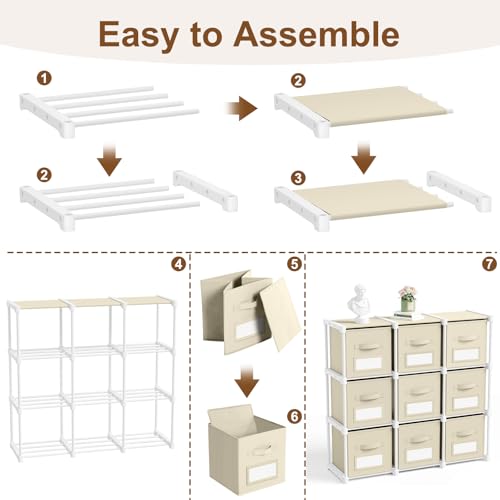 Geelin 9 Cube Storage Organizer with Fabric Bins and Labels 11 Inch, Fabric Collapsible Cubby Clothes Storage Drawer Dresser for Bedroom Living Room Office Organization - color: Khaki